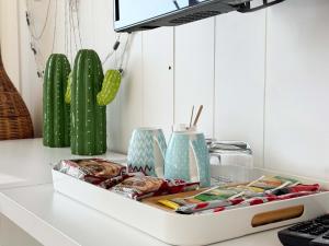 a box of food on a counter with a cactus at Halat sailing club Guest house in Ad Dawwārah