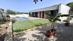 Eine Pflanze in einem Topf vor einem Haus in der Unterkunft Villa moderna piscina balinesa cerca de la Playa in Novo Sancti Petri