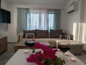 a living room with two glasses of wine and flowers at Sea & Olive Retreat in Zipárion