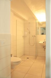 a bathroom with a shower and a toilet and a sink at Haus Gaues in Dalaas