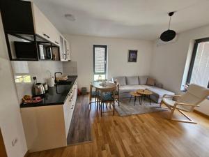 a kitchen and living room with a couch and a table at Apartman Nina in Soko Banja
