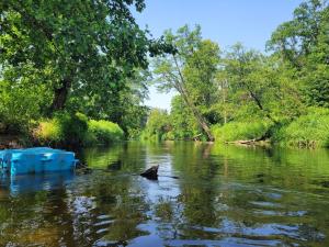 a river with a boat in the water at Wiosłem w Hamaku Domek nad Wkrą in Rybitwy