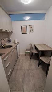 a kitchen with a table and a table and chairs at Vist 2 apartment in Tošin Bunar
