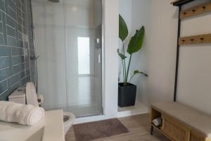 a bathroom with a shower and a toilet and a plant at Villas da Salga in Angra do Heroísmo +70 photos