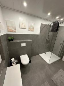 un baño con inodoro y ducha en Haus Inseltraum, en Fehmarn 5 fotos más