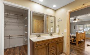 a bathroom with a sink and a mirror at Heavenly Sunshine By Stony Brook Cabins in Glade +46 photos
