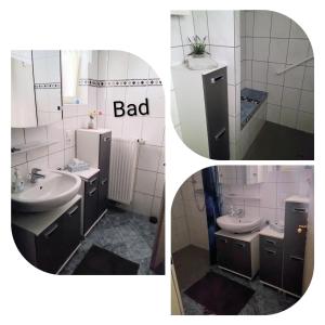 two pictures of a bathroom with a sink and a bad at Ferienwohnung Haus Antje in Norden +10 photos
