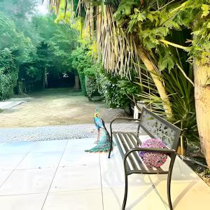 a toy peacock sitting on a bench next to a chair at The Robin - Luxury 2 Bedroom apartment with garden and parking in Greater London in Orpington +13 photos