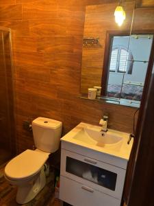 a bathroom with a toilet and a sink and a mirror at Double bedroom with private bathroom in Pieta