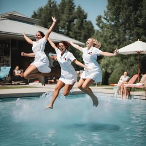 three girls jumping in a swimming pool at lontani da casa in Borgofranco dʼIvrea