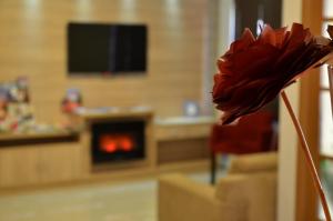 a red flower in a living room with a fireplace at Pousada Stillo Gramado in Gramado