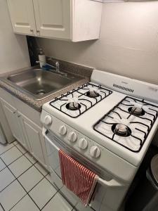 La cuisine est équipée d'un poêle blanc et d'un évier. dans l'établissement Prime Location Stylish Apartment, à New York