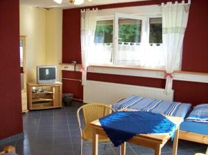 a living room with a couch and a tv at Econo Motel Goelzer in Büchenbeuren