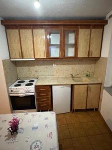 a small kitchen with a stove and a sink at Drenis Home in Prizren +7 photos
