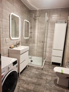 a bathroom with a shower and a sink and a toilet at YamaLuxe Apartments - Modern & Cozy in Cluj-Napoca