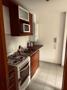 een keuken met een fornuis en een magnetron bij Depto Categoria Zona Plaza Italia con opcion de cochera By Lofter in La Plata