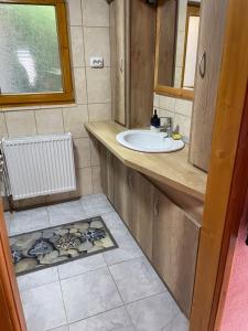 a bathroom with a sink and a mirror at Ambrus vendégház in Gheorgheni