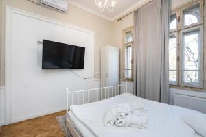 a bedroom with a bed and a tv on a wall at Lascăr Catargiu Villa in Bucharest +56 photos