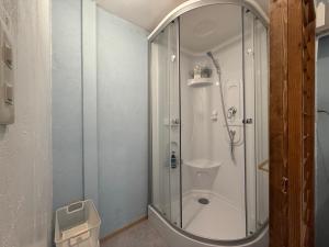 a bathroom with a glass shower with a toilet at 山二 -Yamafu in Imizu +3 photos