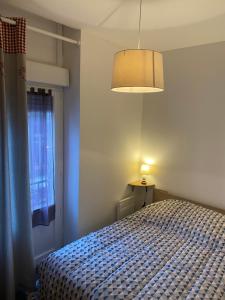 a bedroom with a bed and a lamp and a window at Val-locations la paix 7 in Le Mont-Dore