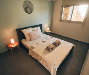 Un dormitorio con una cama con dos lámparas encima. en KAP Alizés RDC appartement face à l'océan, en Saint-Pierre