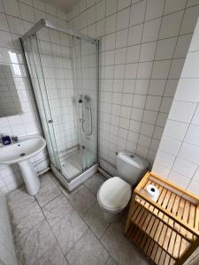 a bathroom with a shower and a toilet and a sink at Hostel Wilson in Saint-Denis