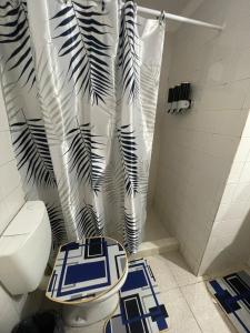 a bathroom with a toilet and a shower curtain at Dúplex cerca del Aeropuerto y Terminal de Ómnibus in Formosa