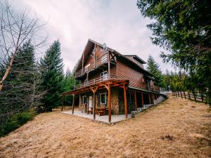 ein großes Holzhaus auf einem Hügel im Wald in der Unterkunft Casa din Zori in Muntele Băişorii