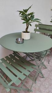 ein weißer Tisch mit einer Topfpflanze darauf in der Unterkunft Reitano House in Catania