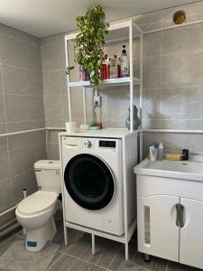 een wasmachine in een badkamer met toilet bij Eco house in Naryn