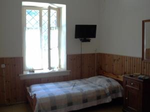 a bedroom with a bed and a tv and a window at Tsorni Hill Cottage in Lefokastro