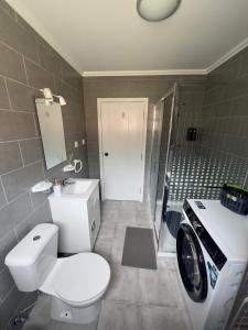 a bathroom with a toilet and a washing machine at Azorean Stays T1 in Lomba da Cruz