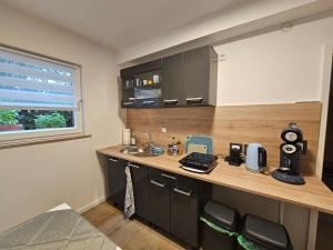 a kitchen with a counter with a sink and a window at Gartenglück, entspannt wohnen am Obstwanderweg in Leichlingen