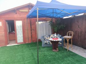 a blue umbrella on a lawn with a table at Casa Leo in Cristur