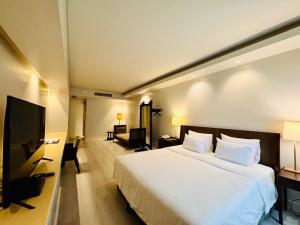 Una habitación de hotel con una cama y un televisor de pantalla plana. en Libertad Hotel Buenos Aires, en Buenos Aires