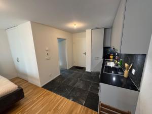 Il comprend une petite cuisine avec un évier et un comptoir. dans l'établissement Studio moderne avec parking, à Delémont 7 autres photos