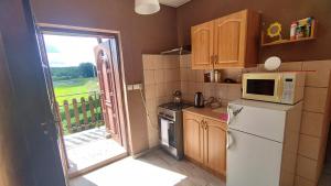 a small kitchen with a refrigerator and a door to a yard at Tarczyny in Lidzbark