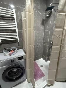 y baño con ducha y lavadora. en Didveli Residence Apartment, en Bakuriani