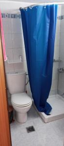 baño con aseo y cortina de ducha azul en City centre studio, en Tesalónica