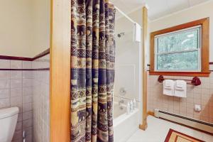 a bathroom with a shower curtain and a toilet at North Hill Cross Retreat in Ludlow