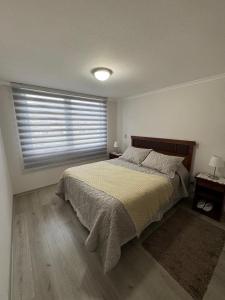 a bedroom with a large bed and a window at Departamento Pucón 4 personas in Pucón