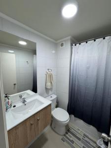 a bathroom with a white toilet and a sink at Departamento Pucón 4 personas in Pucón