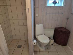 une salle de bain avec toilettes et douche dans l'établissement Charming Cottage With Large Fenced Garden, à Løgstør 30 autres photos