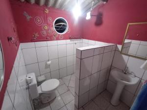 ein rosafarbenes Bad mit einem WC und einem Waschbecken in der Unterkunft Recanto dos Maciotas in Alto Paraíso de Goiás