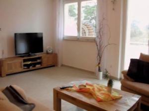 トラッセンハイデにあるFewo Muschelblick Trassenheide Usedomのテレビとコーヒーテーブルのあるリビングルーム