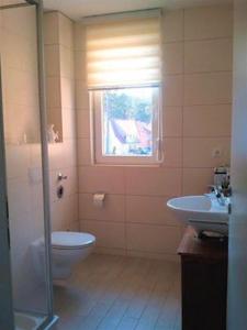 トラッセンハイデにあるFewo Muschelblick Trassenheide Usedomのトイレ、洗面台、窓のあるバスルーム