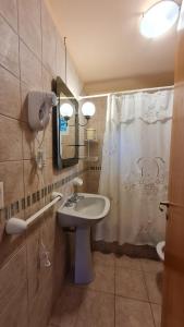 Un baño con lavabo y cortina de ducha. en Apart Tronador Con Servicios!! Estacionamiento privado, en San Carlos de Bariloche