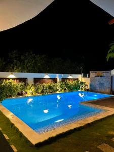 ein großer blauer Pool in der Nacht mit Lichtern in der Unterkunft Casa de las Aves in Puerto Escondido