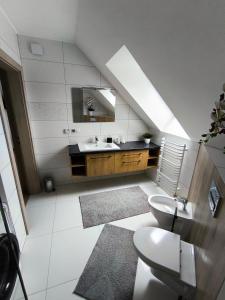 a bathroom with a sink and a toilet at domek u fiedora in Pieniążkowice +26 photos