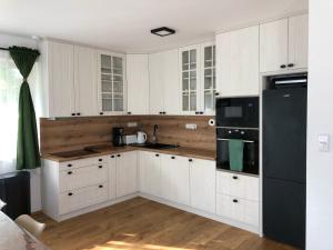 a kitchen with white cabinets and black appliances at Prázdninový dům Dírná in Dírná
